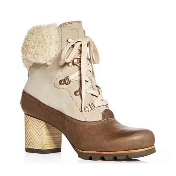 SOREL Boots Women's Size 9.5 Tan Brown Jayne Lux Leather Shearling Block Heel - Picture 1 of 11